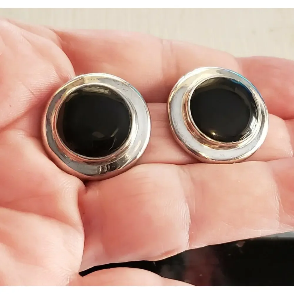 Vintage Silver‎ & Black Round Pierced Earrings, 1
